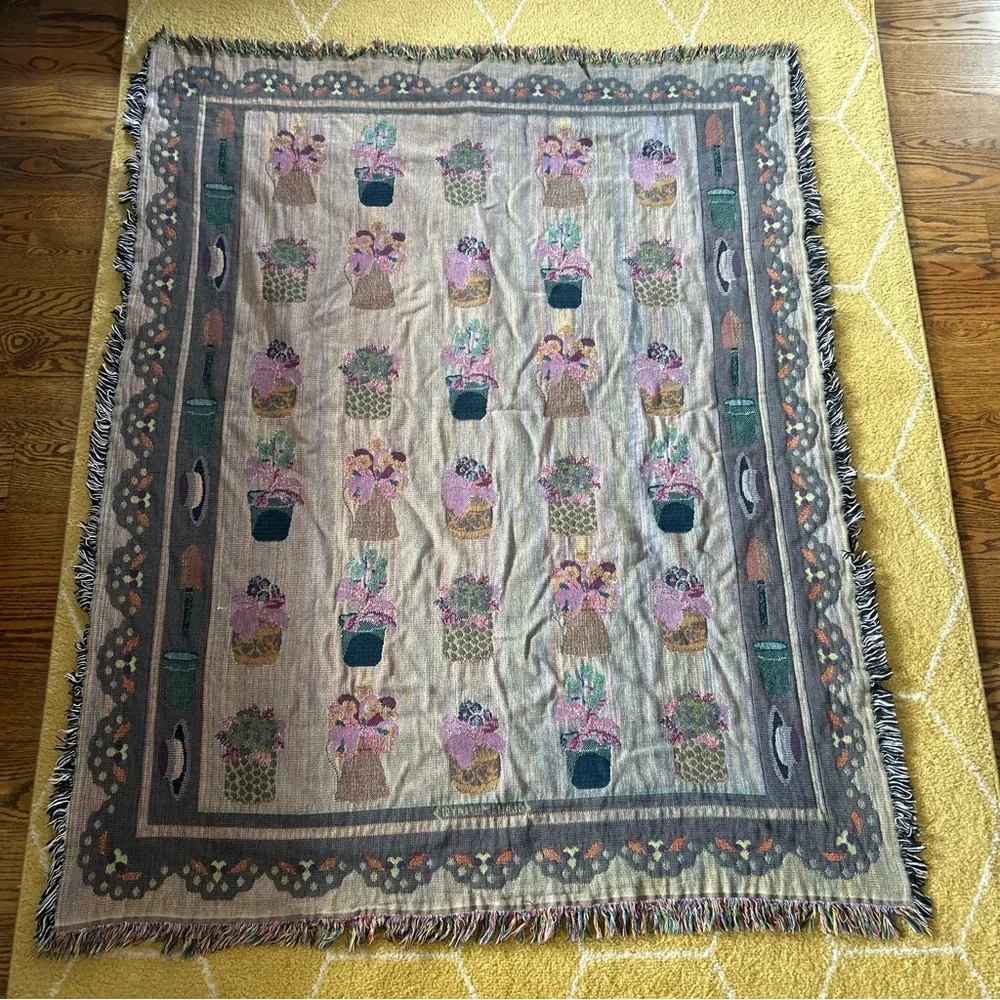 NWOT Claire Murray Potted Primrose woven tapestry blanket 53”x65” garden cottage